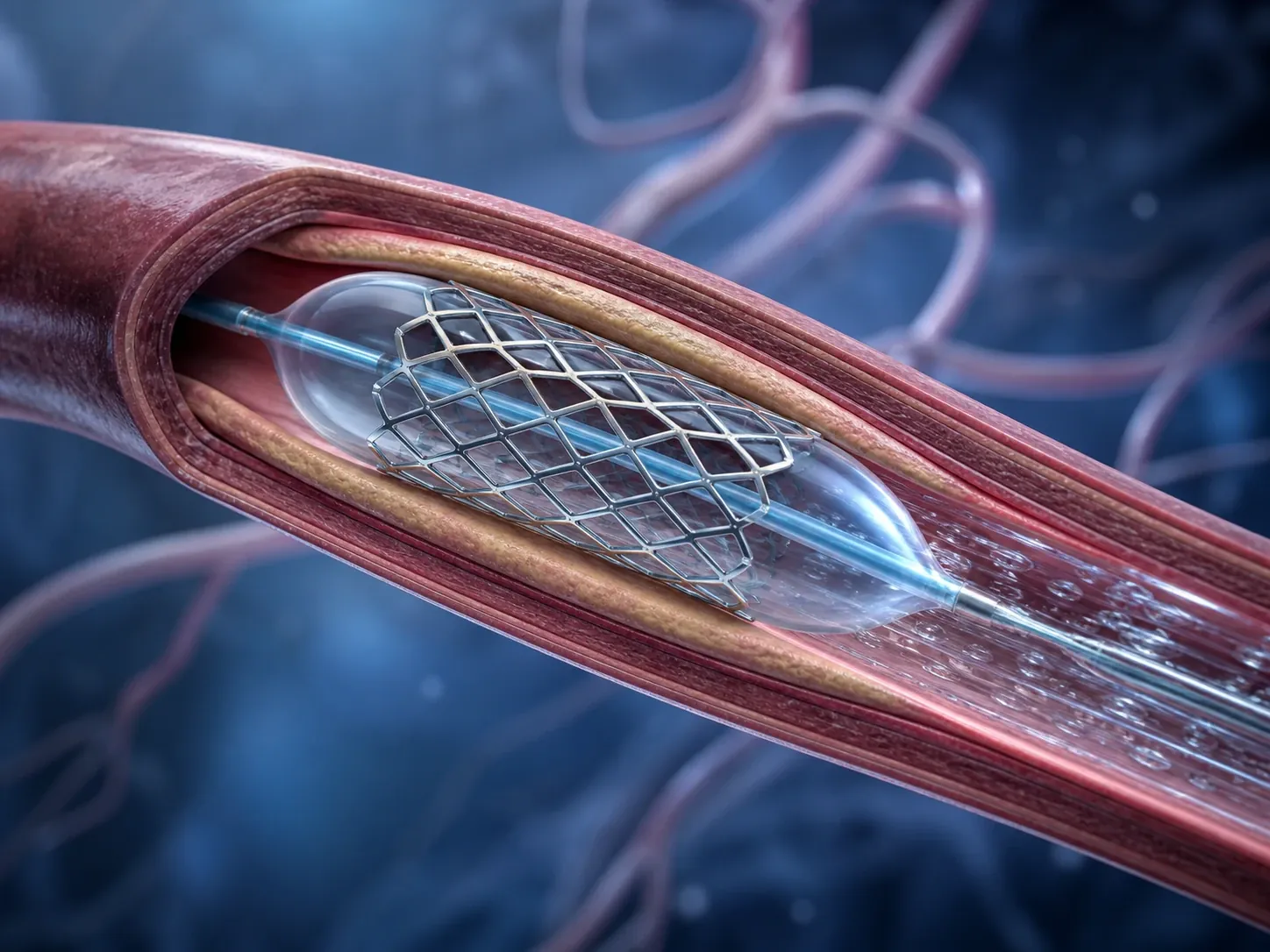 Visualização 3D de angioplastia com balão e implante de stent
