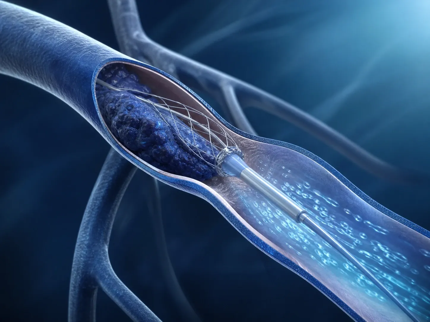 Visualização 3D de tratamento intervencionista da trombose venosa profunda